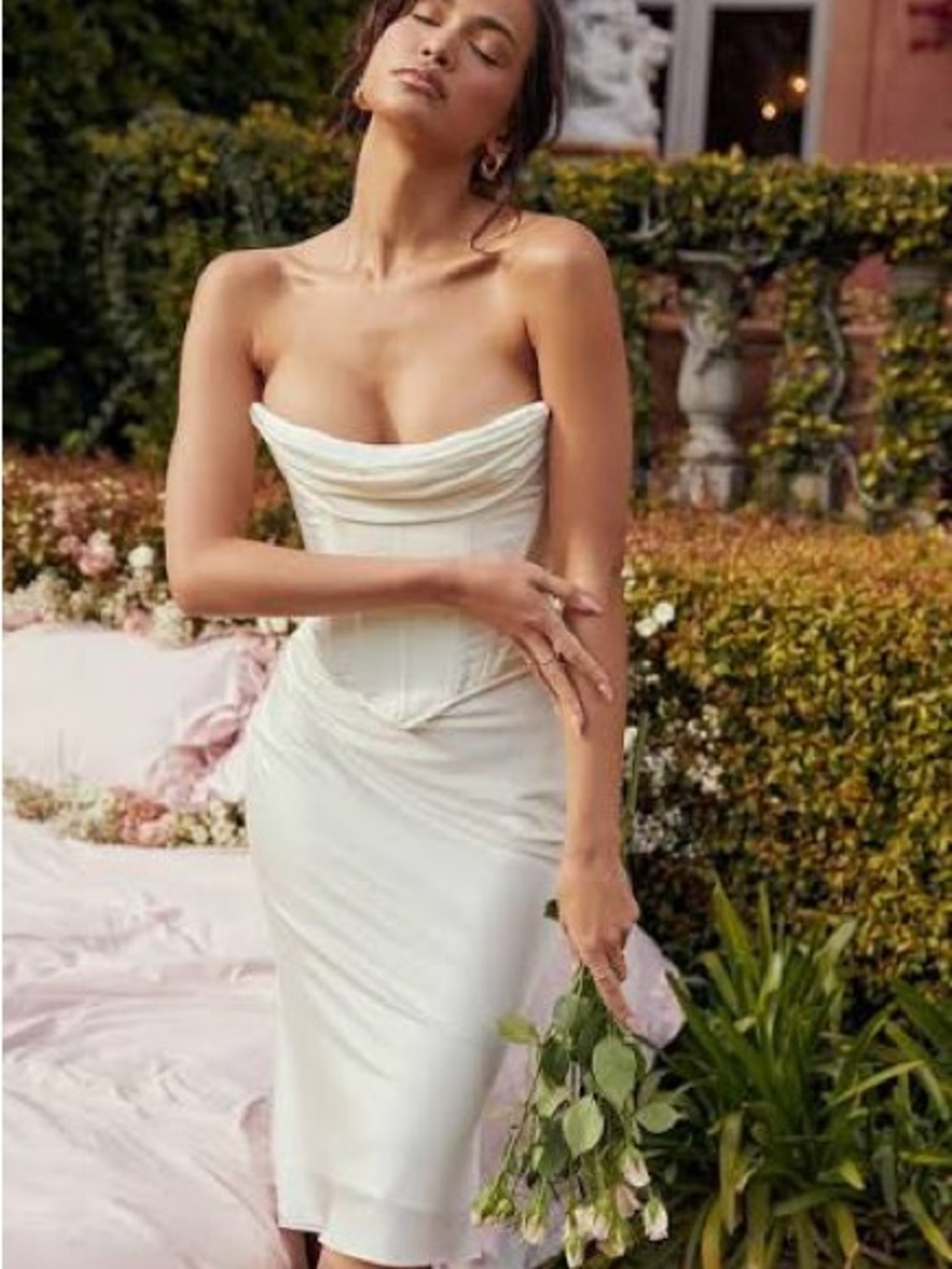 Elegant Strapless Cream Midi Dress with Draped Corset sienna ivory xs